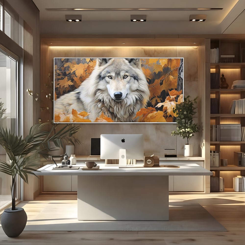 Tablou canvas cu tablou canvas cu lup in toamna, in rama de aluminiu argintiu, pe perete intr-un birou